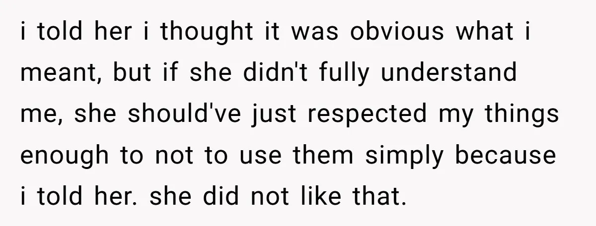 i told her i thought it was obvious what i meant, but if she didn't fully understand me, she should've just respected my things enough to not to use them...