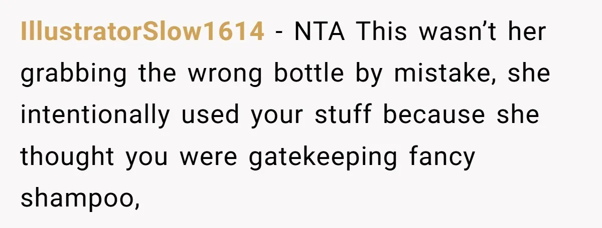 IllustratorSlow1614 − NTA This wasn’t her grabbing the wrong bottle by mistake, she intentionally used your stuff because she thought you were gatekeeping fancy shampoo,