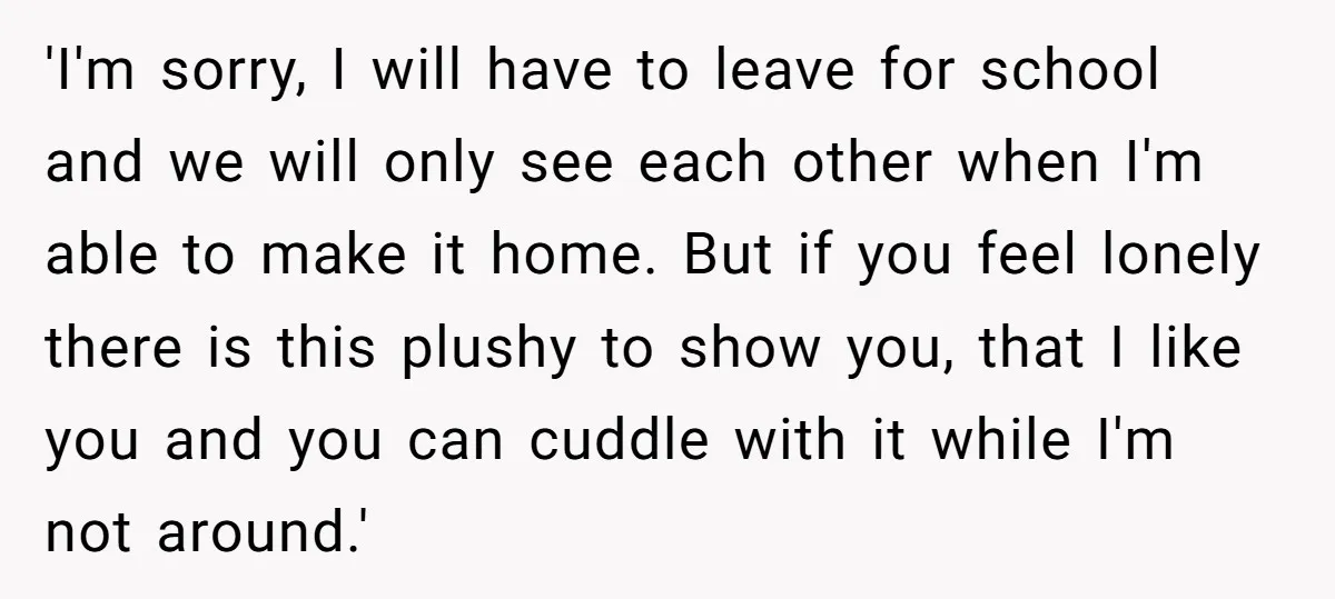 'I'm sorry, I will have to leave for school and we will only see each other when I'm able to make it home. But if you feel lonely there is...