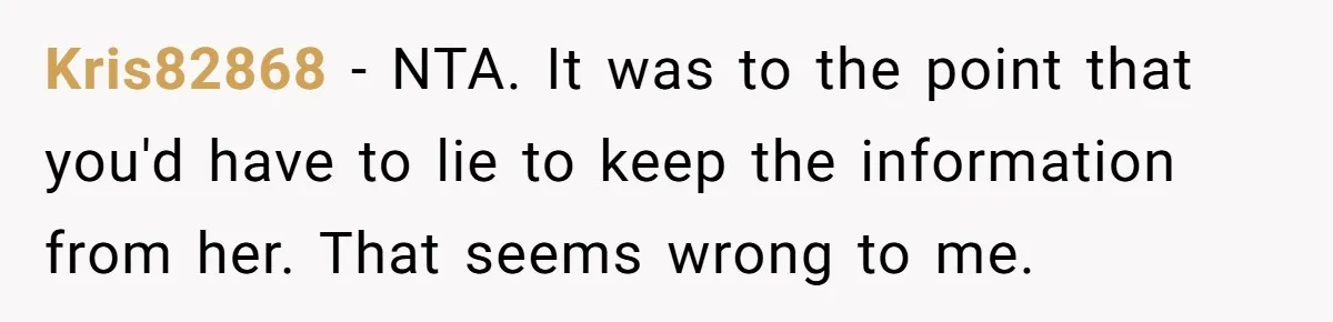 Kris82868 − NTA. It was to the point that you'd have to lie to keep the information from her. That seems wrong to me.