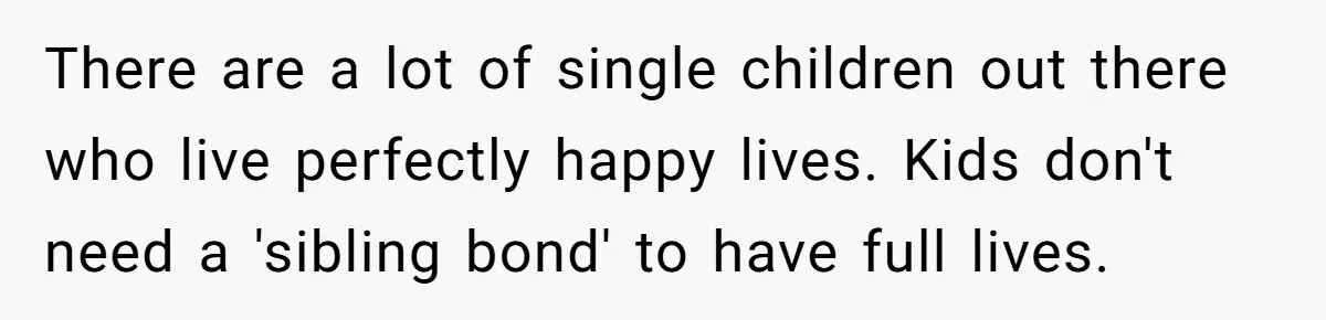 There are a lot of single children out there who live perfectly happy lives. Kids don't need a 'sibling bond' to have full lives.