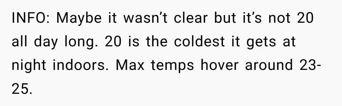 INFO: Maybe it wasn’t clear but it’s not 20 all day long. 20 is the coldest it gets at night indoors. Max temps hover around 23-25.