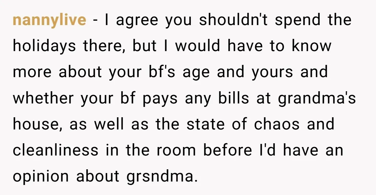 nannylive − I agree you shouldn't spend the holidays there, but I would have to know more about your bf's age and yours and whether your bf pays any bills...
