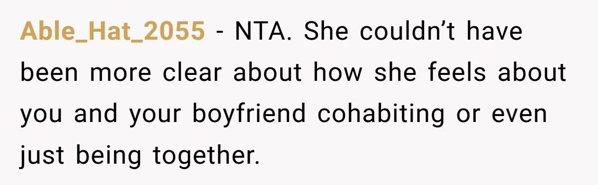 Able_Hat_2055 − NTA. She couldn’t have been more clear about how she feels about you and your boyfriend cohabiting or even just being together.