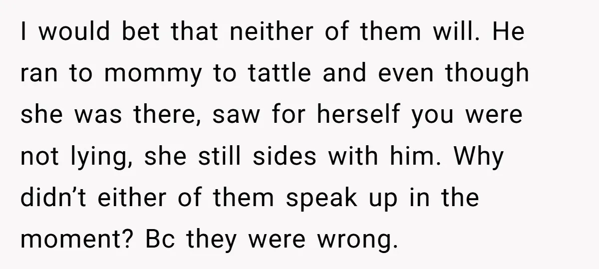 I would bet that neither of them will. He ran to mommy to tattle and even though she was there, saw for herself you were not lying, she still sides...