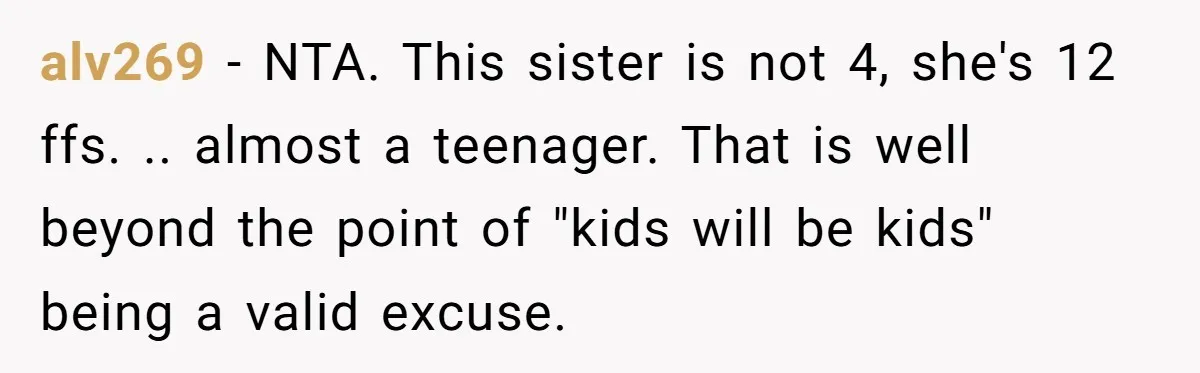 alv269 − NTA. This sister is not 4, she's 12 ffs. .. almost a teenager. That is well beyond the point of "kids will be kids" being a valid excuse.