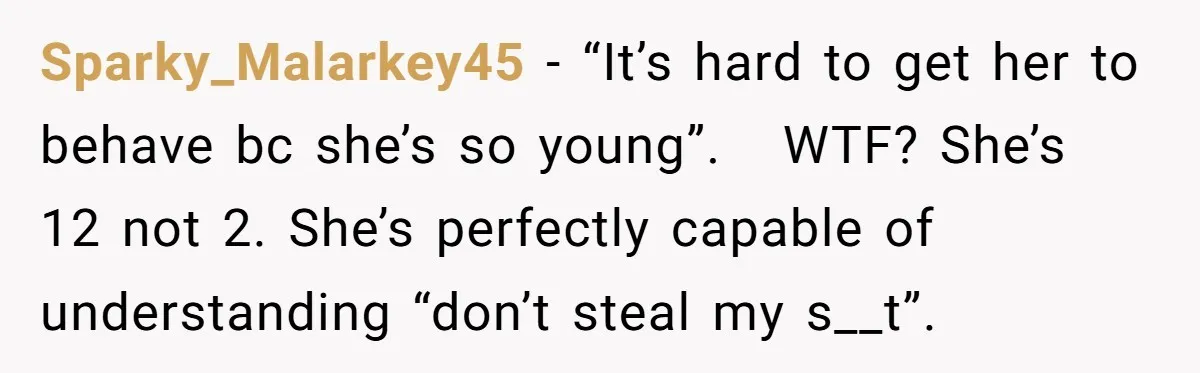 Sparky_Malarkey45 − “It’s hard to get her to behave bc she’s so young”.   WTF? She’s 12 not 2. She’s perfectly capable of understanding “don’t steal my s__t”.