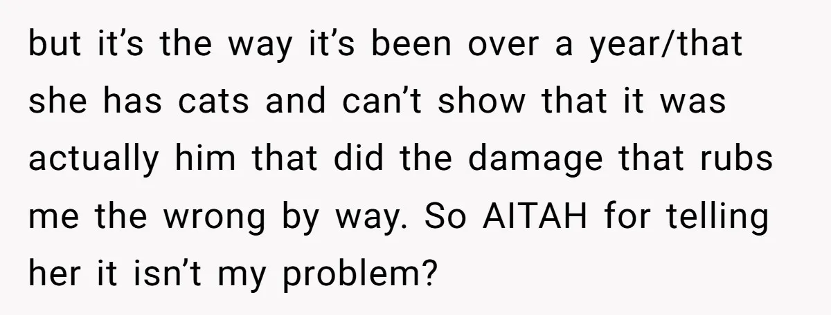 but it’s the way it’s been over a year/that she has cats and can’t show that it was actually him that did the damage that rubs me the wrong by...