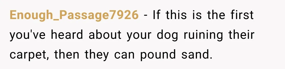 Enough_Passage7926 − If this is the first you've heard about your dog ruining their carpet, then they can pound sand.