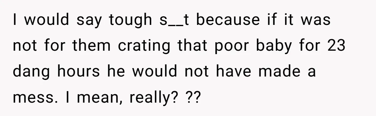 I would say tough s__t because if it was not for them crating that poor baby for 23 dang hours he would not have made a mess. I mean, really?...
