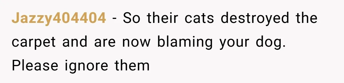 Jazzy404404 − So their cats destroyed the carpet and are now blaming your dog. Please ignore them