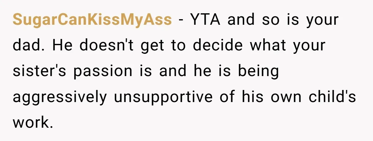 SugarCanKissMyAss − YTA and so is your dad. He doesn't get to decide what your sister's passion is and he is being aggressively unsupportive of his own child's work.