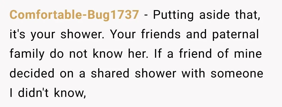 Comfortable-Bug1737 − Putting aside that, it's your shower. Your friends and paternal family do not know her. If a friend of mine decided on a shared shower with someone I...