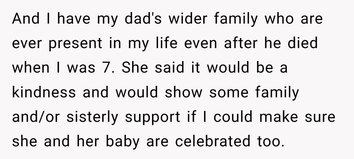 And I have my dad's wider family who are ever present in my life even after he died when I was 7. She said it would be a kindness and...