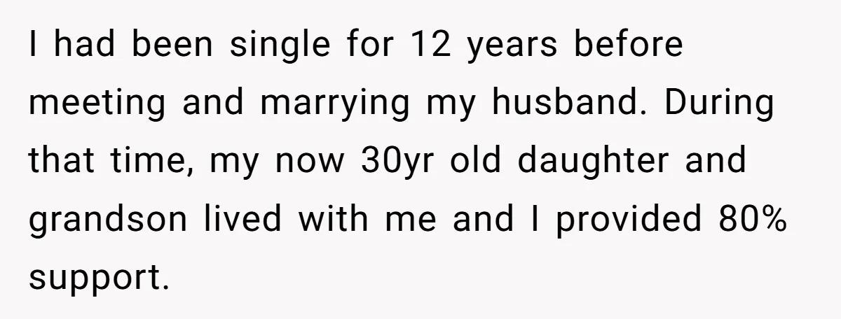 I had been single for 12 years before meeting and marrying my husband. During that time, my now 30yr old daughter and grandson lived with me and I provided 80%...