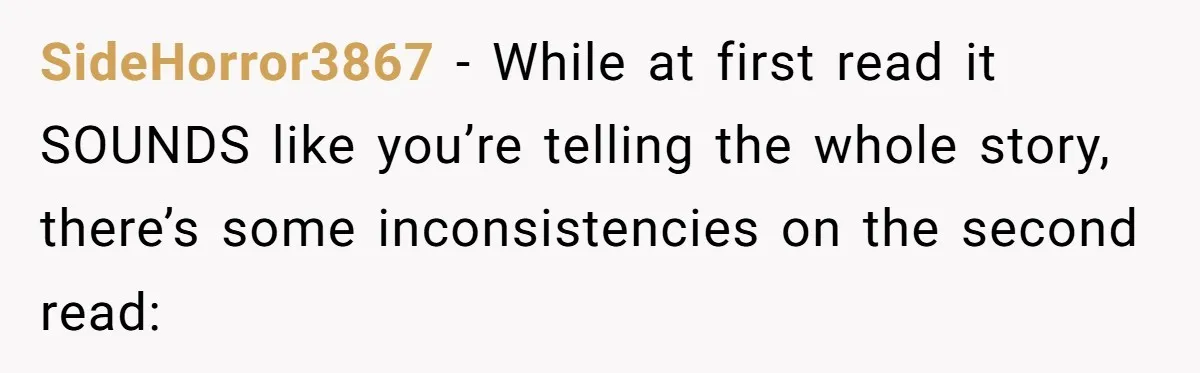 SideHorror3867 − While at first read it SOUNDS like you’re telling the whole story, there’s some inconsistencies on the second read:
