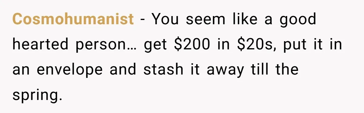Cosmohumanist − You seem like a good hearted person… get $200 in $20s, put it in an envelope and stash it away till the spring.
