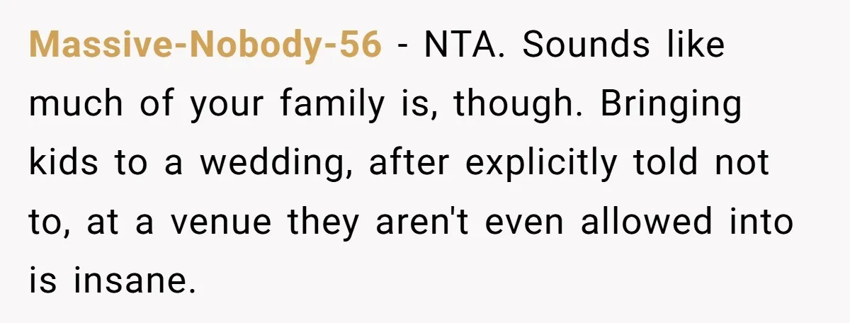 Massive-Nobody-56 − NTA. Sounds like much of your family is, though. Bringing kids to a wedding, after explicitly told not to, at a venue they aren't even allowed into is...