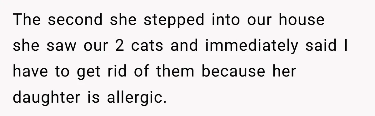 The second she stepped into our house she saw our 2 cats and immediately said I have to get rid of them because her daughter is allergic.