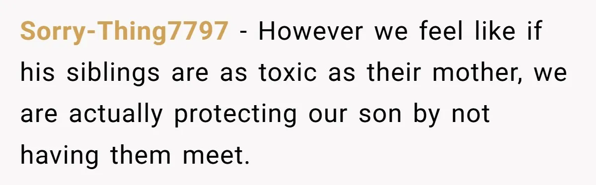 Sorry-Thing7797 − However we feel like if his siblings are as toxic as their mother, we are actually protecting our son by not having them meet.