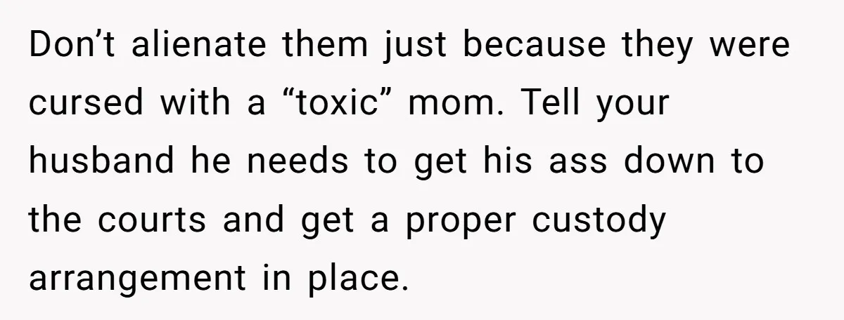 Don’t alienate them just because they were cursed with a “toxic” mom. Tell your husband he needs to get his ass down to the courts and get a proper custody...
