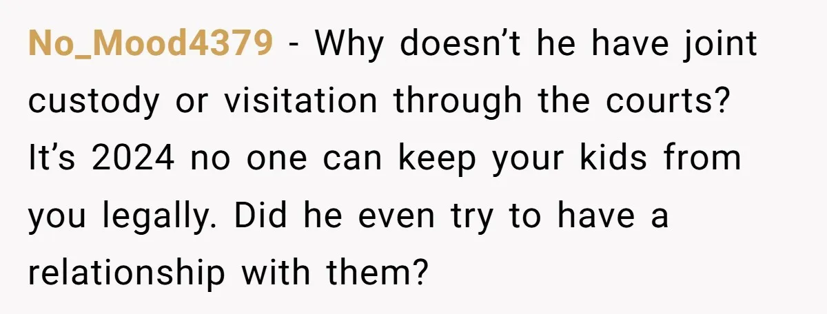 No_Mood4379 − Why doesn’t he have joint custody or visitation through the courts? It’s 2024 no one can keep your kids from you legally. Did he even try to have...