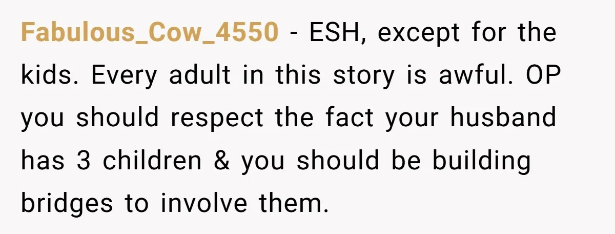 Fabulous_Cow_4550 − ESH, except for the kids. Every adult in this story is awful. OP you should respect the fact your husband has 3 children & you should be building...