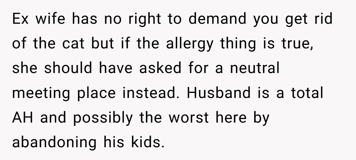Ex wife has no right to demand you get rid of the cat but if the allergy thing is true, she should have asked for a neutral meeting place instead....