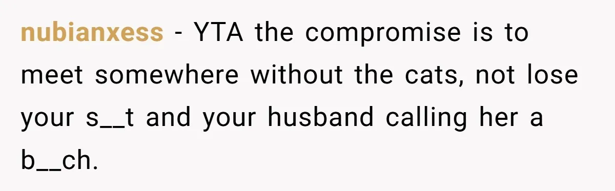 nubianxess − YTA the compromise is to meet somewhere without the cats, not lose your s__t and your husband calling her a b__ch.