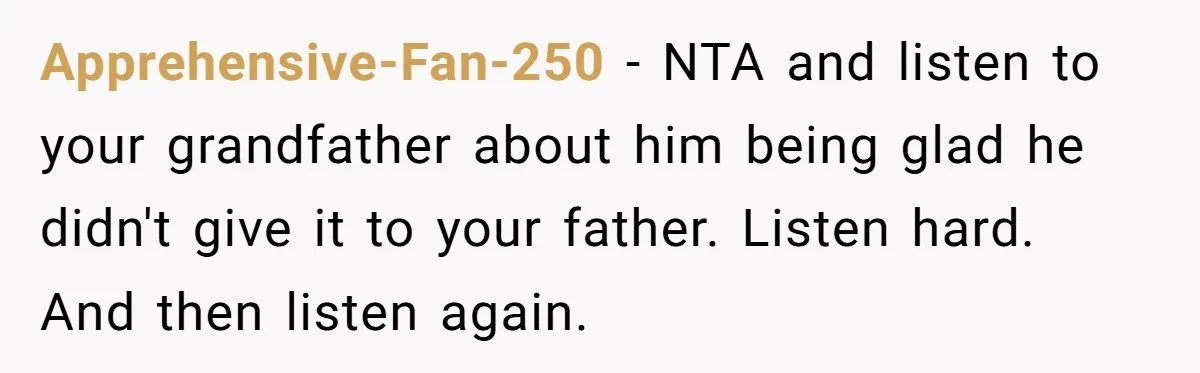 Apprehensive-Fan-250 − NTA and listen to your grandfather about him being glad he didn't give it to your father. Listen hard. And then listen again.