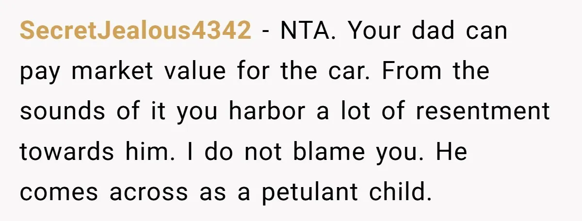 SecretJealous4342 − NTA. Your dad can pay market value for the car. From the sounds of it you harbor a lot of resentment towards him. I do not blame you....