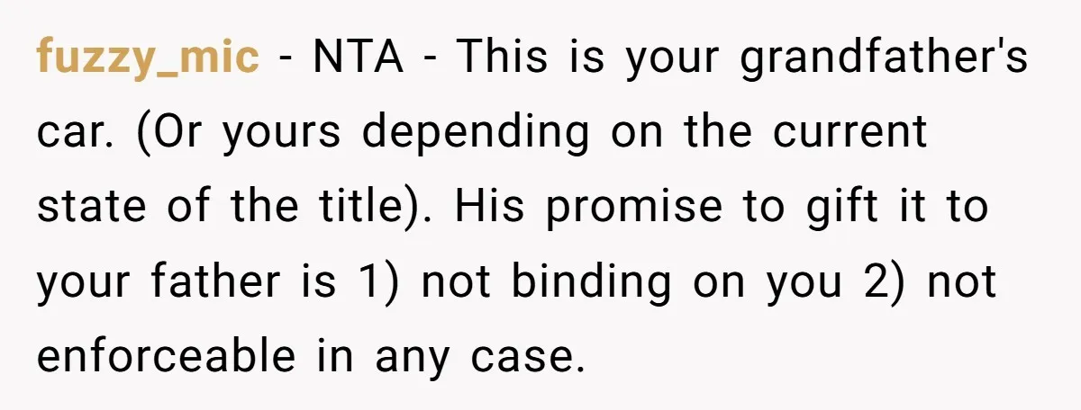 fuzzy_mic − NTA - This is your grandfather's car. (Or yours depending on the current state of the title). His promise to gift it to your father is 1) not...