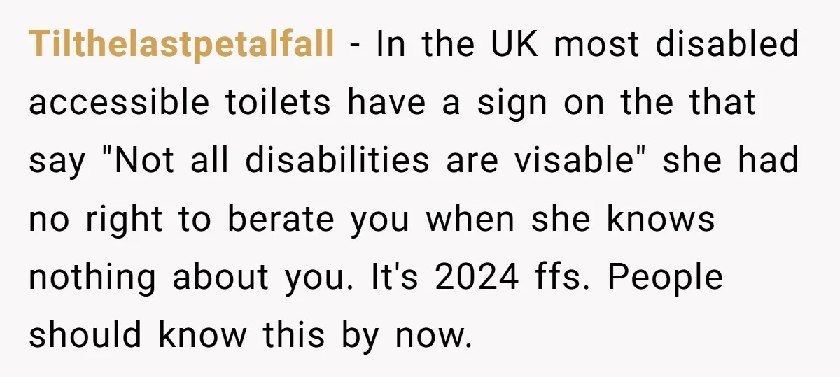 Tilthelastpetalfall − In the UK most disabled accessible toilets have a sign on the that say "Not all disabilities are visable" she had no right to berate you when she...