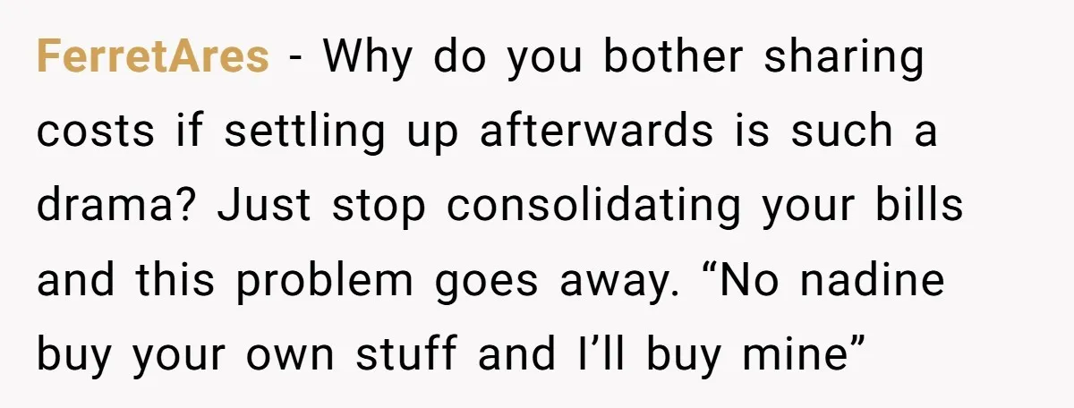 FerretAres − Why do you bother sharing costs if settling up afterwards is such a drama? Just stop consolidating your bills and this problem goes away. “No nadine buy your...