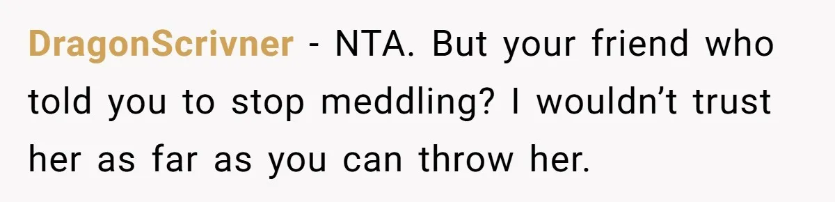 DragonScrivner − NTA. But your friend who told you to stop meddling? I wouldn’t trust her as far as you can throw her.