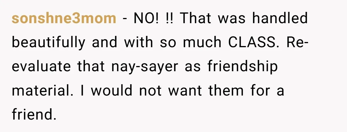 sonshne3mom − NO! !! That was handled beautifully and with so much CLASS. Re-evaluate that nay-sayer as friendship material. I would not want them for a friend.