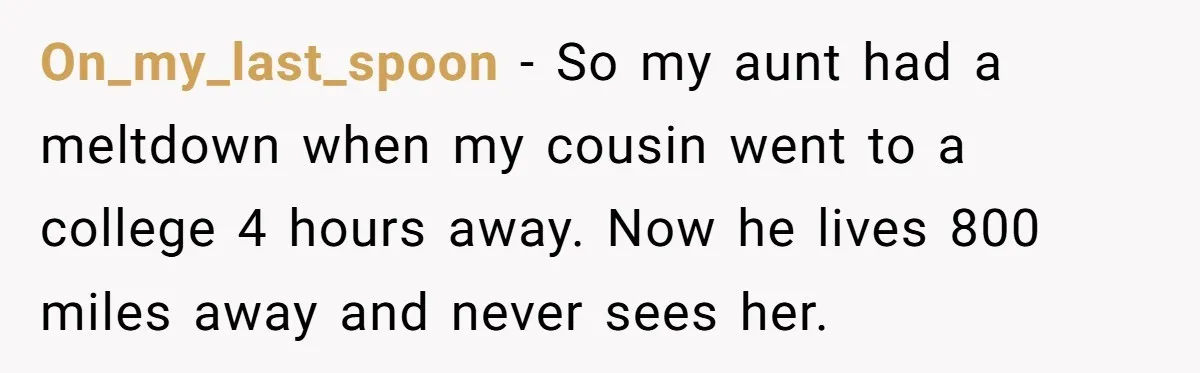 On_my_last_spoon − So my aunt had a meltdown when my cousin went to a college 4 hours away. Now he lives 800 miles away and never sees her.