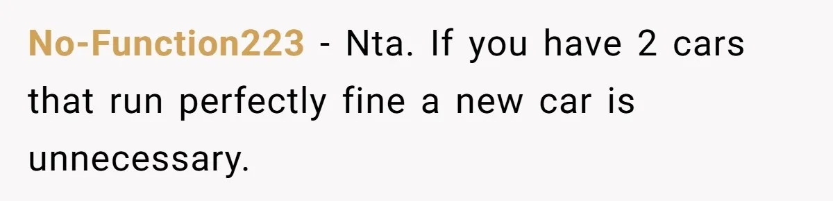 No-Function223 − Nta. If you have 2 cars that run perfectly fine a new car is unnecessary.