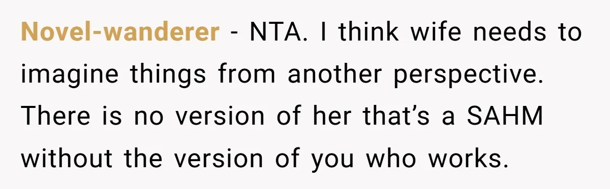 Novel-wanderer − NTA. I think wife needs to imagine things from another perspective. There is no version of her that’s a SAHM without the version of you who works.