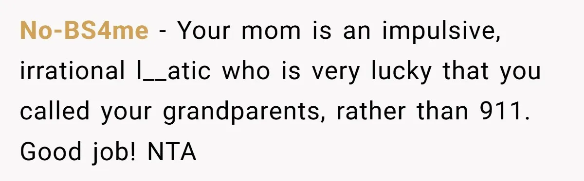 No-BS4me − Your mom is an impulsive, irrational l__atic who is very lucky that you called your grandparents, rather than 911. Good job! NTA
