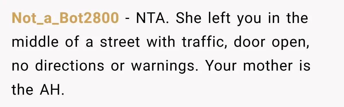Not_a_Bot2800 − NTA. She left you in the middle of a street with traffic, door open, no directions or warnings. Your mother is the AH.