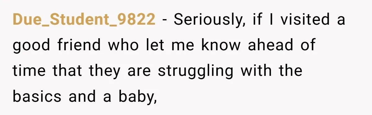 Due_Student_9822 − Seriously, if I visited a good friend who let me know ahead of time that they are struggling with the basics and a baby,