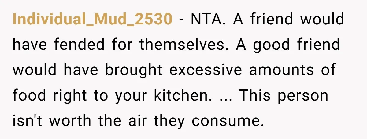 Individual_Mud_2530 − NTA. A friend would have fended for themselves. A good friend would have brought excessive amounts of food right to your kitchen. ... This person isn't worth the...