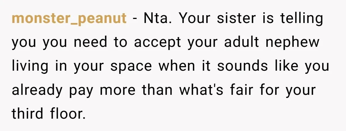 monster_peanut − Nta. Your sister is telling you you need to accept your adult nephew living in your space when it sounds like you already pay more than what's fair...