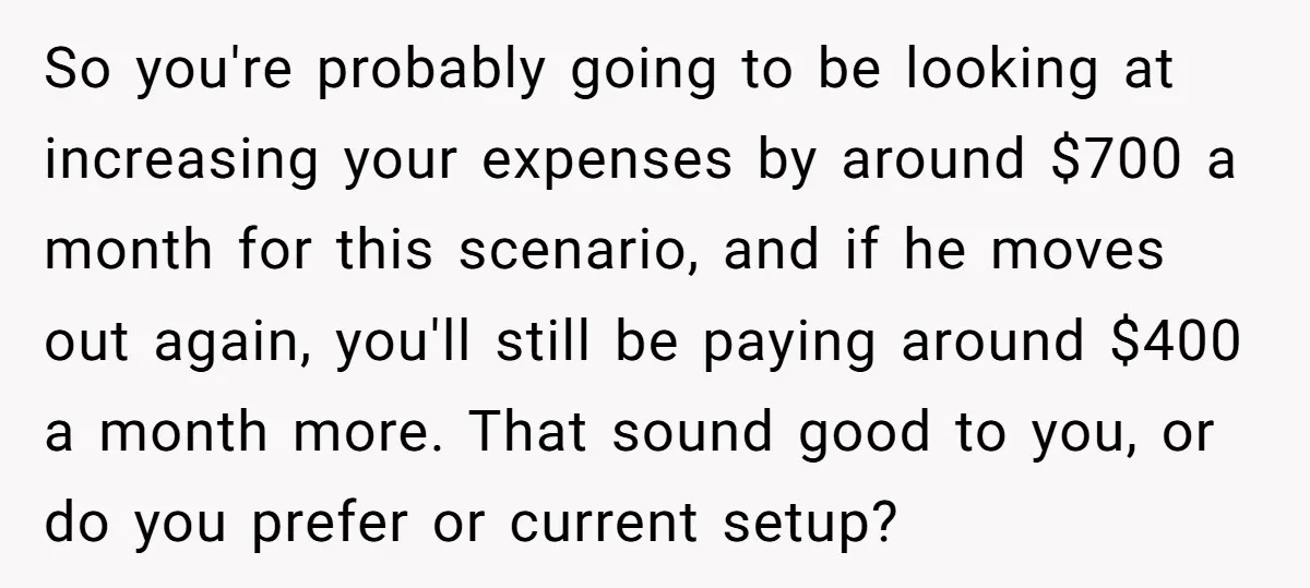 So you're probably going to be looking at increasing your expenses by around $700 a month for this scenario, and if he moves out again, you'll still be paying around...