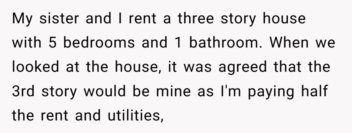 My sister and I rent a three story house with 5 bedrooms and 1 bathroom. When we looked at the house, it was agreed that the 3rd story would be...