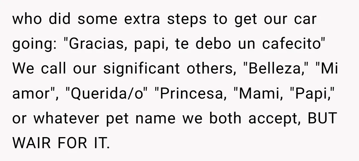 who did some extra steps to get our car going: "Gracias, papi, te debo un cafecito" We call our significant others, "Belleza," "Mi amor", "Querida/o" "Princesa, "Mami, "Papi," or whatever...