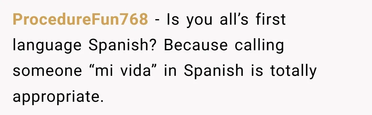 ProcedureFun768 − Is you all’s first language Spanish? Because calling someone “mi vida” in Spanish is totally appropriate.