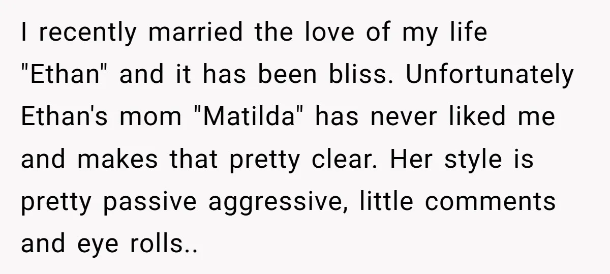 I recently married the love of my life "Ethan" and it has been bliss. Unfortunately Ethan's mom "Matilda" has never liked me and makes that pretty clear. Her style is...