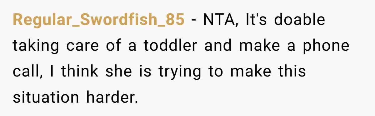 Regular_Swordfish_85 − NTA, It's doable taking care of a toddler and make a phone call, I think she is trying to make this situation harder.